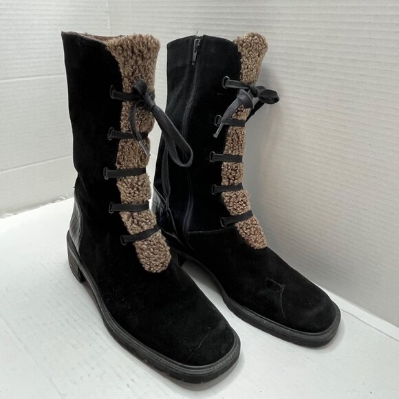 Stuart Weitzman Black Suede Brown Faux Fur Lined Stacked Heel Boot Zip Up 8.5 - Picture 5 of 11